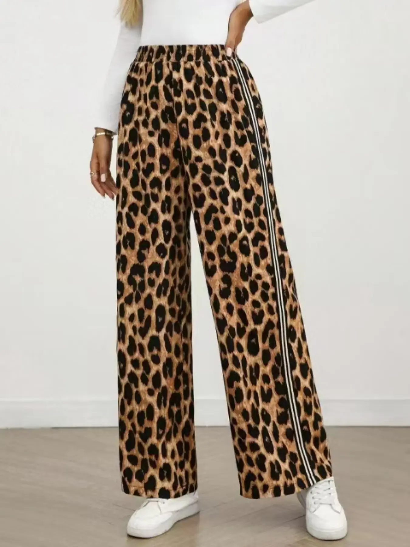 Women's Casual Leopard Print High Waist Long Elastic Pants, Casual Fashion Trousers, Spring Autumn Loose Straight Leg Bottoms, Comfortable and Stylish Women's Fashion