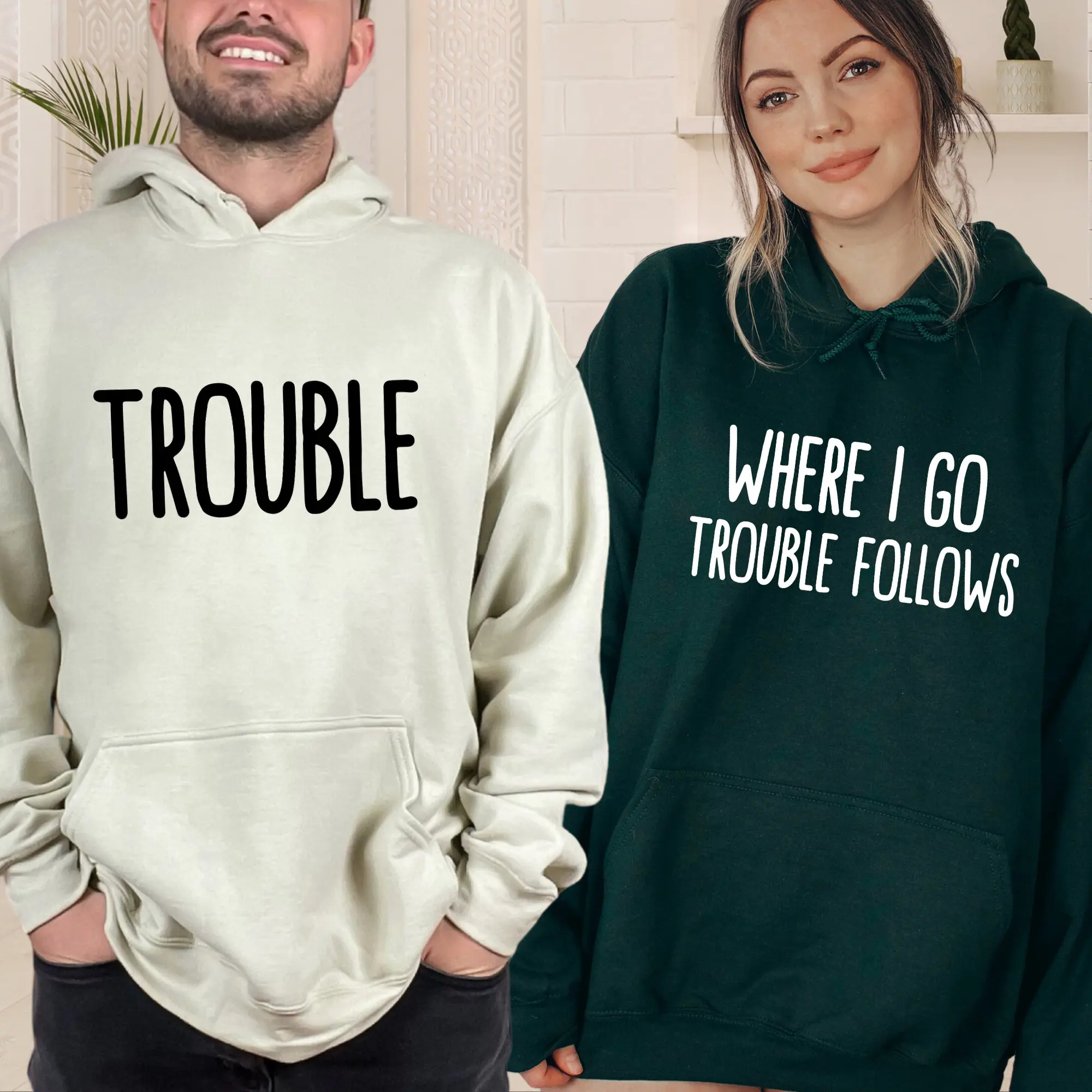 Where I Go Trouble Follows Couple Matching Hoodie, Valentines Day Couple Sweatshirt, Trouble Sweater, Couple Matchings Sweatshirt, Funny Couple Hoodie, Valentines Day Gift, Gift For Wife