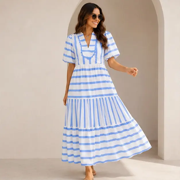 Women's Light Blue and White Stripe Casual Dress - Notched Neck, Ricrac Trim, Half Sleeves, Flowy Tiered Hem, Light Blue And White Stripe Casual Dresses