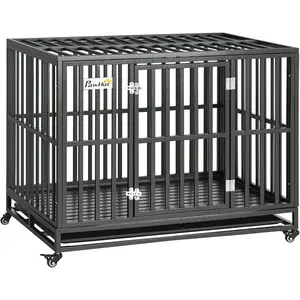 Heavy Duty Dog Crate Metal Kennel and Cage Dog Playpen with Lockable Wheels, Slide-Out Tray and Anti-Pinching Floor, 45x 29.5x 35
