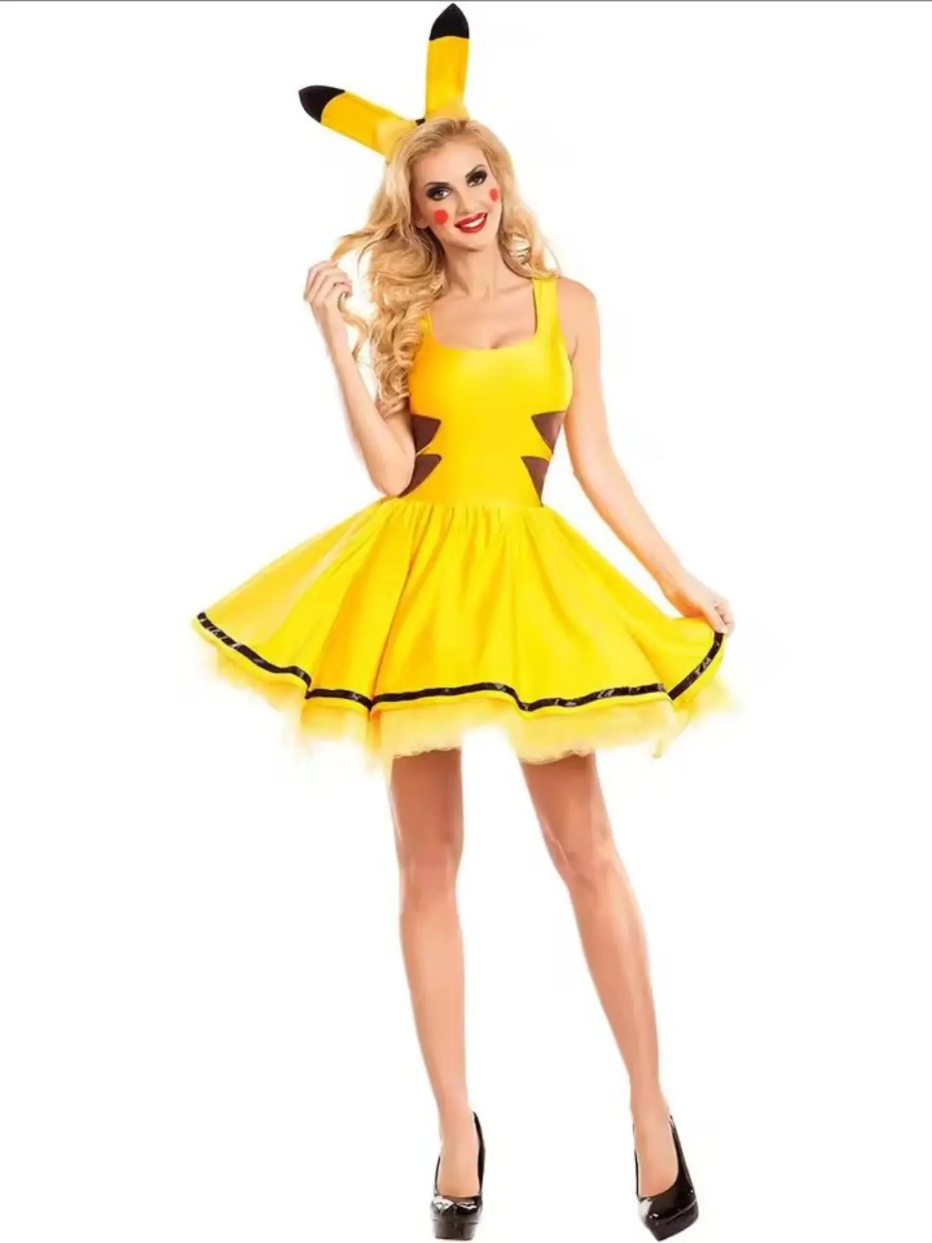 yellow dress for pikachu costume Girls with Tail Headband and Cheek Decals, Size: Medium (7 - 8) length dress also has a hood adorned with ear accent for charming flair Pokemon Pikachu Dress Deluxe Costume