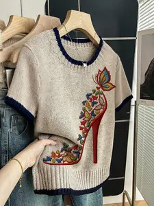 Women's Elegant Butterfly High Heel Print Shoes, Round Neck Short Sleeve Knit Sweater, Casual Breathable Knitted Top for Spring Summer Fall Knitwear Knitting Womenswear