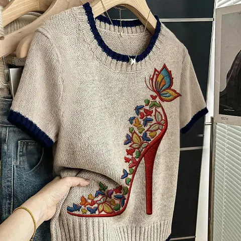 Women's Elegant Butterfly High Heel Print Shoes, Round Neck Short Sleeve Knit Sweater, Casual Breathable Knitted Top for Spring Summer Fall Elegance