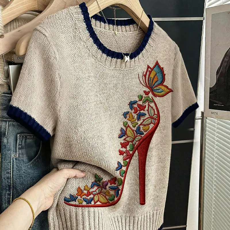 Women's Elegant Butterfly High Heel Print Shoes, Round Neck Short Sleeve Knit Sweater, Casual Breathable Knitted Top for Spring Summer Fall Elegance