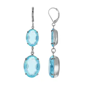 1928 Jewelry Atlantis Aqua Blue Oval Glass Crystal Dangling Earrings