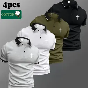 Men’s four-piece set made from skin-friendly cotton: a premium polo shirt with a button collar, patterned print, stretchy fabric; and a short-sleeve knit tropical dress shirt suitable for summer workwear—all highly elastic. This is an ideal summer gift fo