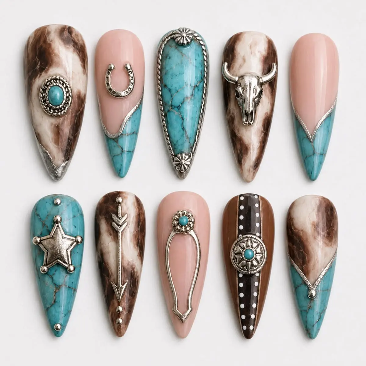 Handmade Western Cowgirl Press-On Nails, Turquoise Rodeo Style, Southwestern Marble Design, Country Glam Nail Art Decoration Accessories