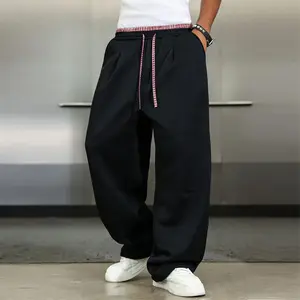 Men’s American vintage Wide Leg sweatpants with a plaid drawstring waist and contrast piping; relaxed-fit joggers with a drapey feel, Red, Soft, Thick,summervibes