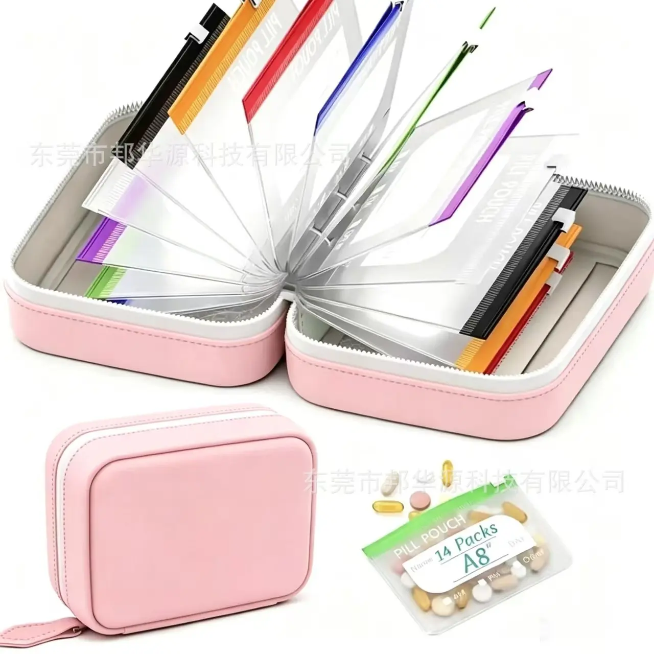 A8 Waterproof Pill Organizer Set - 14 Color-Coded Zippered Pouches, Large Reusable Weekly Travel Medicine Case for Vitamins, Fish Oil & Daily Essentials (Beach, Summer Use)