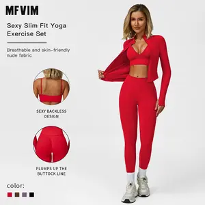 Women's Solid Criss Cross Crop Tank Top & High Waist Leggings & Zip Up Crop Jacket Tracksuit Set by MFVIM - Breathable Comfortable Outfits for Yoga, Gym, Workouts, Running, Yoga Wear, Workout Gym Clothing, Gym Sportswear, Casual Activewear SpringStatement