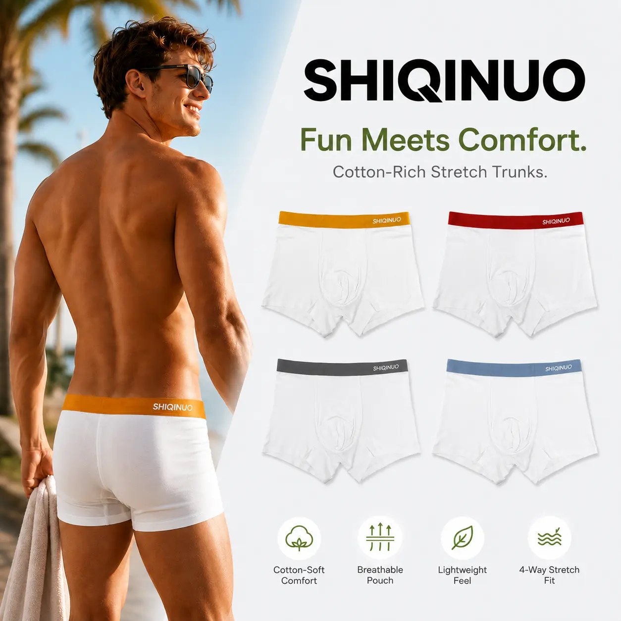 4-Pack-SHIQINUO Mens Soft Cotton Briefs Lightweight Underwear, Elastic Smooth Cotton, No Ride-Up, 3D Breathable Viscose Pouch, Sweat-Wicking, Anti-Loose All-Day Performance Assorted Colorways Men's Boxer Briefs