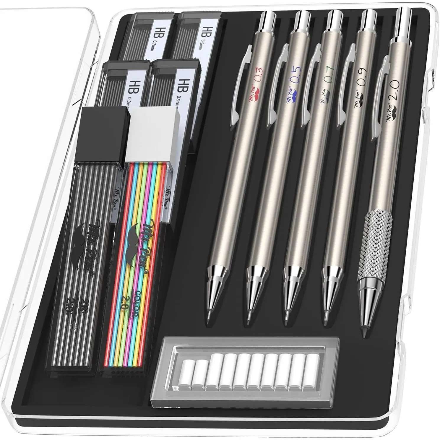 - Metal Mechanical cil Set with Lead and Eraser Refills, 5 Sizes, 0.3, 0.5, 0.7, 0.9, 2mm, Drafting, Sketching, Architecture, Drawing Metal Mechanical cils