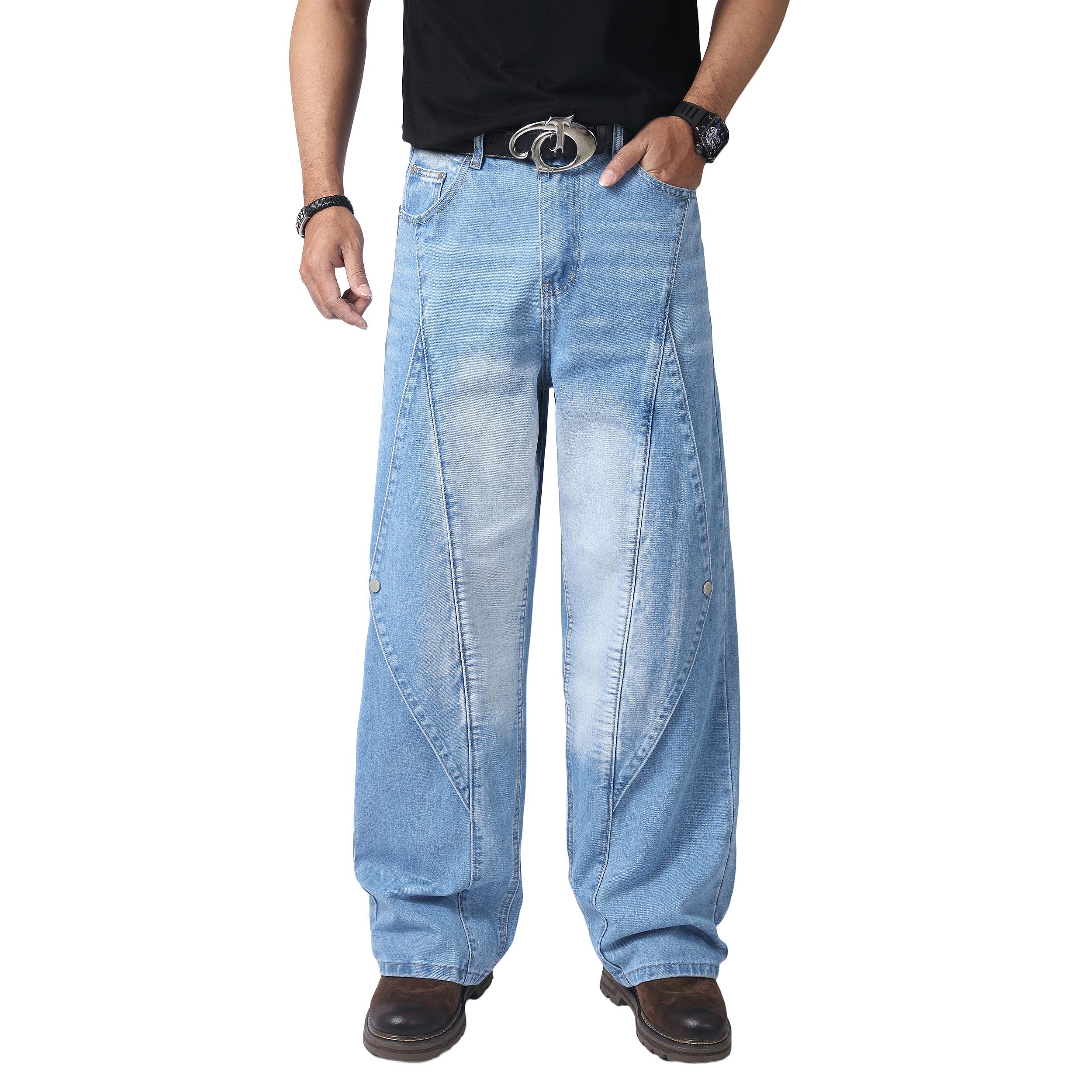 JUNBAOSS Men's Baggy Hip Hop Jeans Y2K Casual Vintage Wide Leg Skater Denim Pants Loose Fit Long Trousers 2000s Streetwear Mens Irregular Sutures Skateboard Steampunk Baggy Jeans Plain Pants Pockets