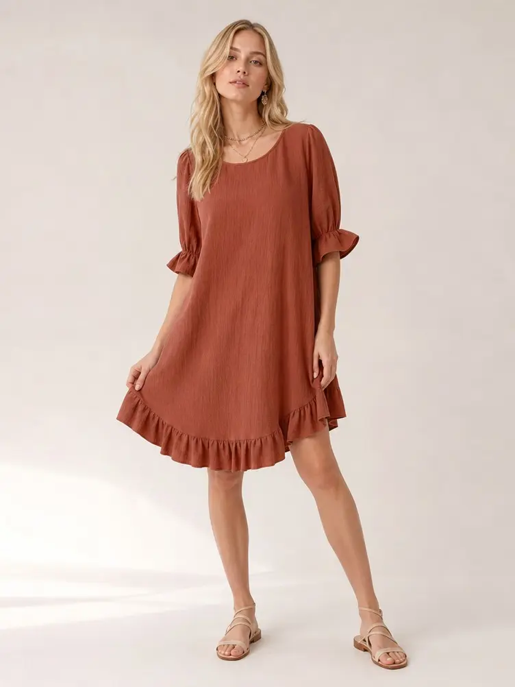 Round Neck Puff Ruffle Sleeve Mini Dress With Flounced Hem, Loose Shift Silhouette Casual Tunic Dress For Women. Relaxed flowy cut delivers effortless everyday comfort, minimalist solid design fits daily outings, seaside vacations Womenswear Elegance Eleg