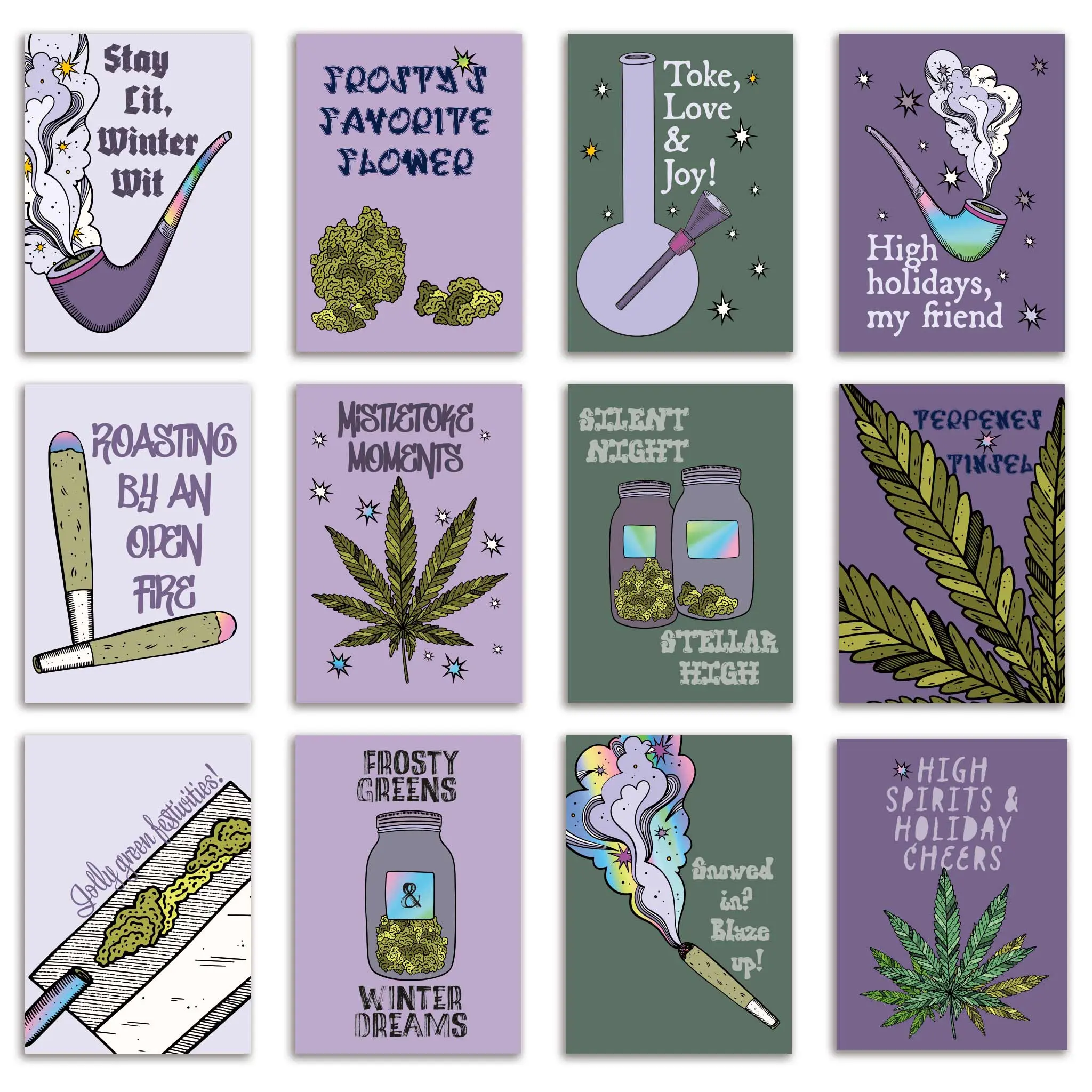 24 Cannabis Christmas Cards in 12 Purple Stoner Designs with Envelopes