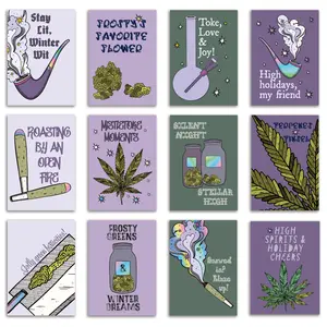 24 Cannabis Christmas Cards in 12 Purple Stoner Designs with Envelopes
