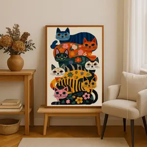 Colorful Cat Wall Decor,Playful Cat Illustration,Maximalist Home Poster,Funny Cat Art Print,Whimsical Floral  Artwork,Bright Modern Decor