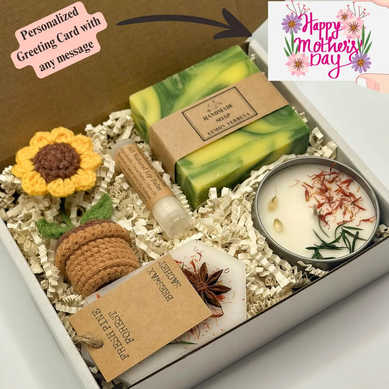Mother's Day Gift Box, Gift Box For Mom, Self Care Basket Crochet Sunflower