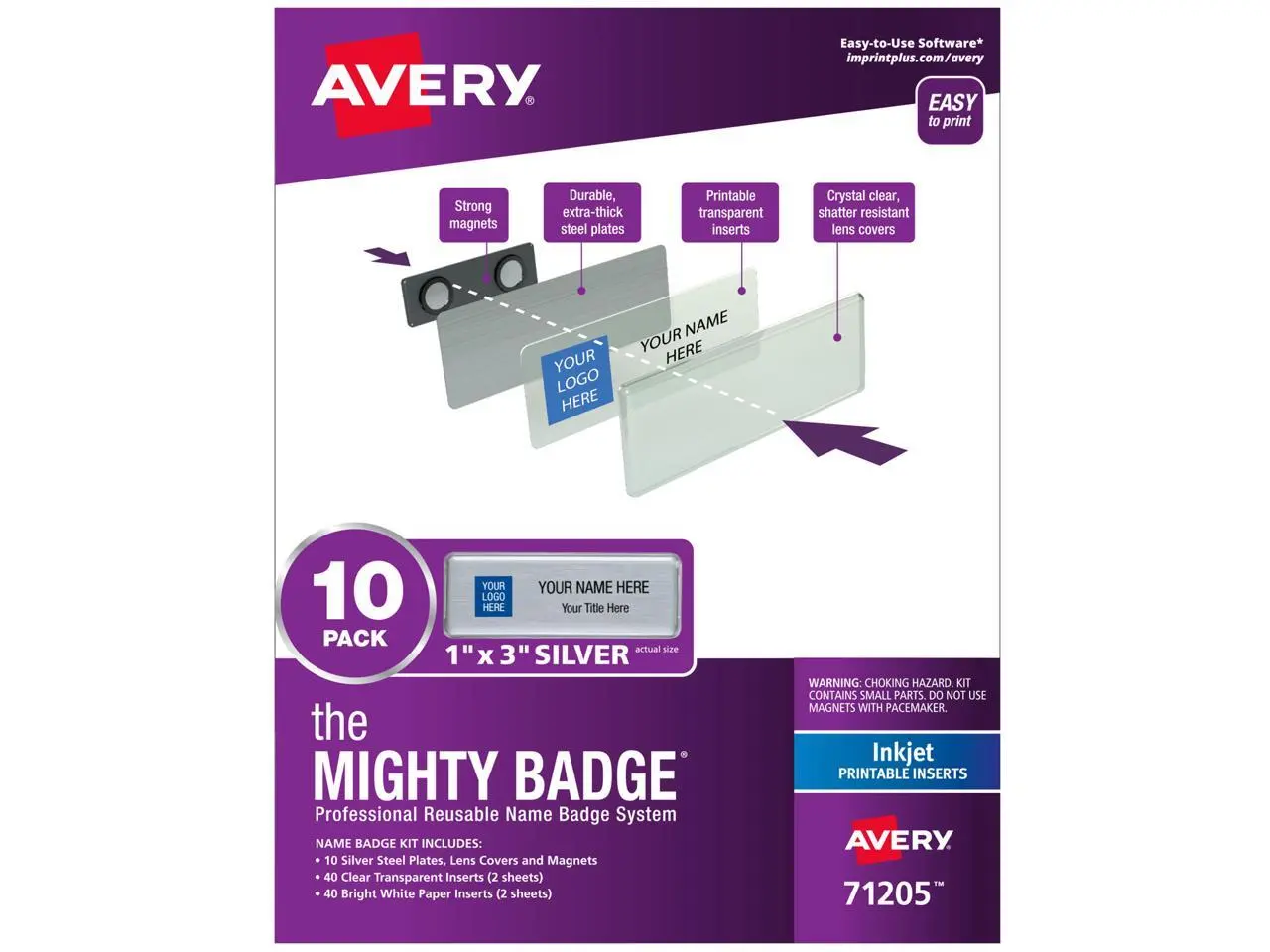 The Mighty Badge 1x3 Silver, 10 Reusable Name Tags 80 Inkjet Inserts