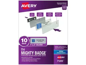 The Mighty Badge 1x3 Silver, 10 Reusable Name Tags 80 Inkjet Inserts
