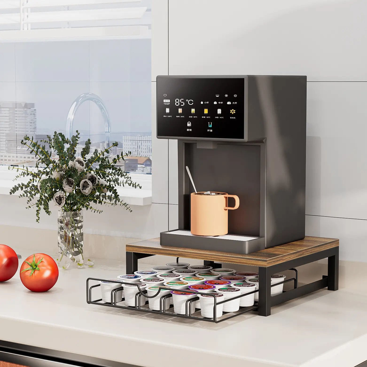 Coffee Pod Holder Drawer 1 Tier for K Cup Capsule Pods Storage Organizer Under Coffee Pot Storage Sliding Drawer ( 1 Tier) Metal Racks Basket Slide kitchen office