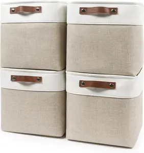 4-Pack Collapsible Fabric Storage Cubes, 11"*11"*11" Bins with Handles (Beige & White)