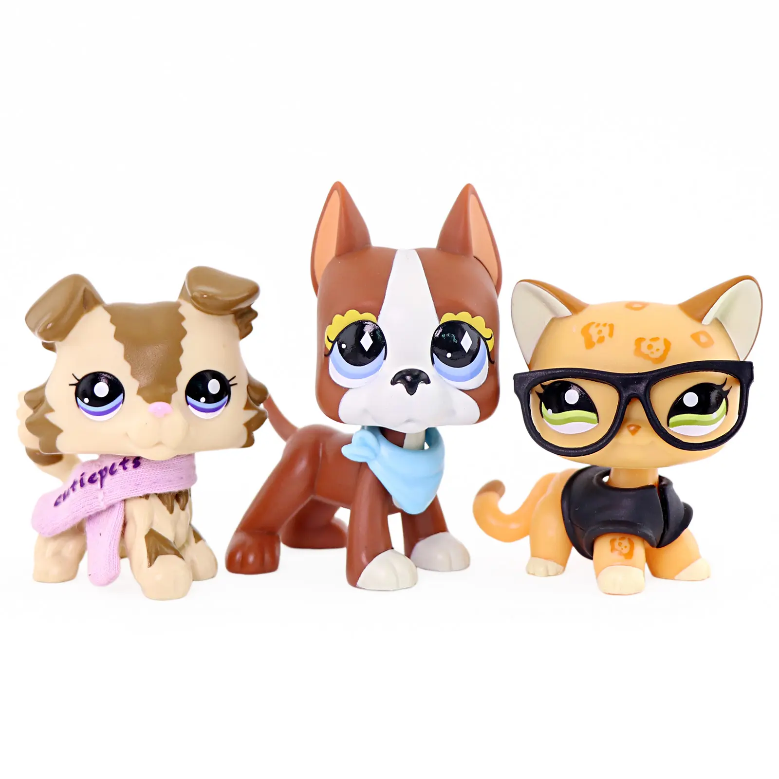 3Pcs Mini Animal Figurine Set, Collie Puppy, Boxer Dog & Spotted Cat Figures with Accessories, Desktop Collectible Decor Toy Gift