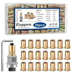 50Pcs 1/4-20 Rivet Nuts with Hand Rivet Nut Tool Carbon Steel Flat Head Threaded Insert Nut Kit for Furniture Automotive Marine and Decoration