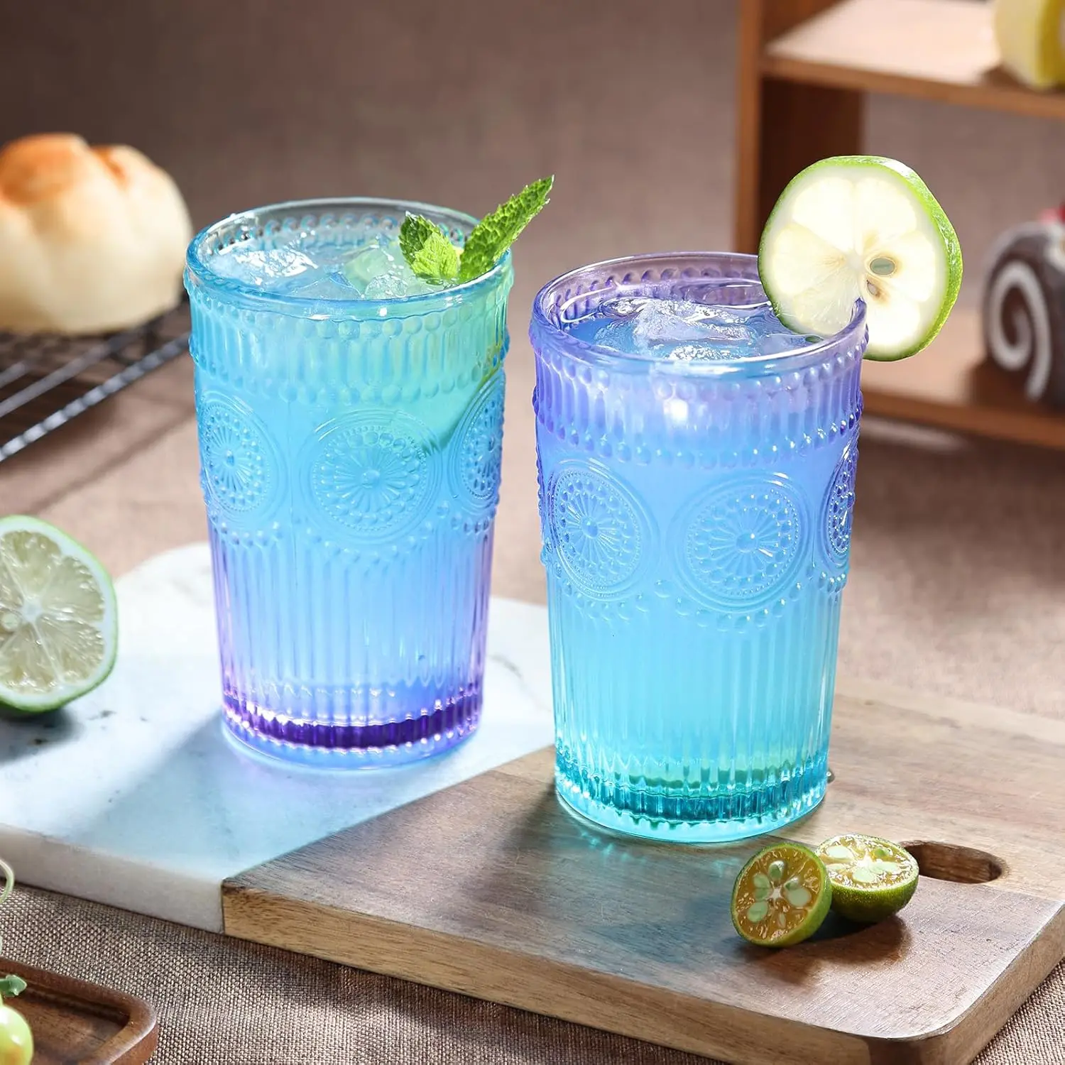 6 count  Drinking Glasses Set, 12 oz Glass Cups, Embossed Ribbed Glassware Water Tumblers for , Water, Juice, , Coffee,