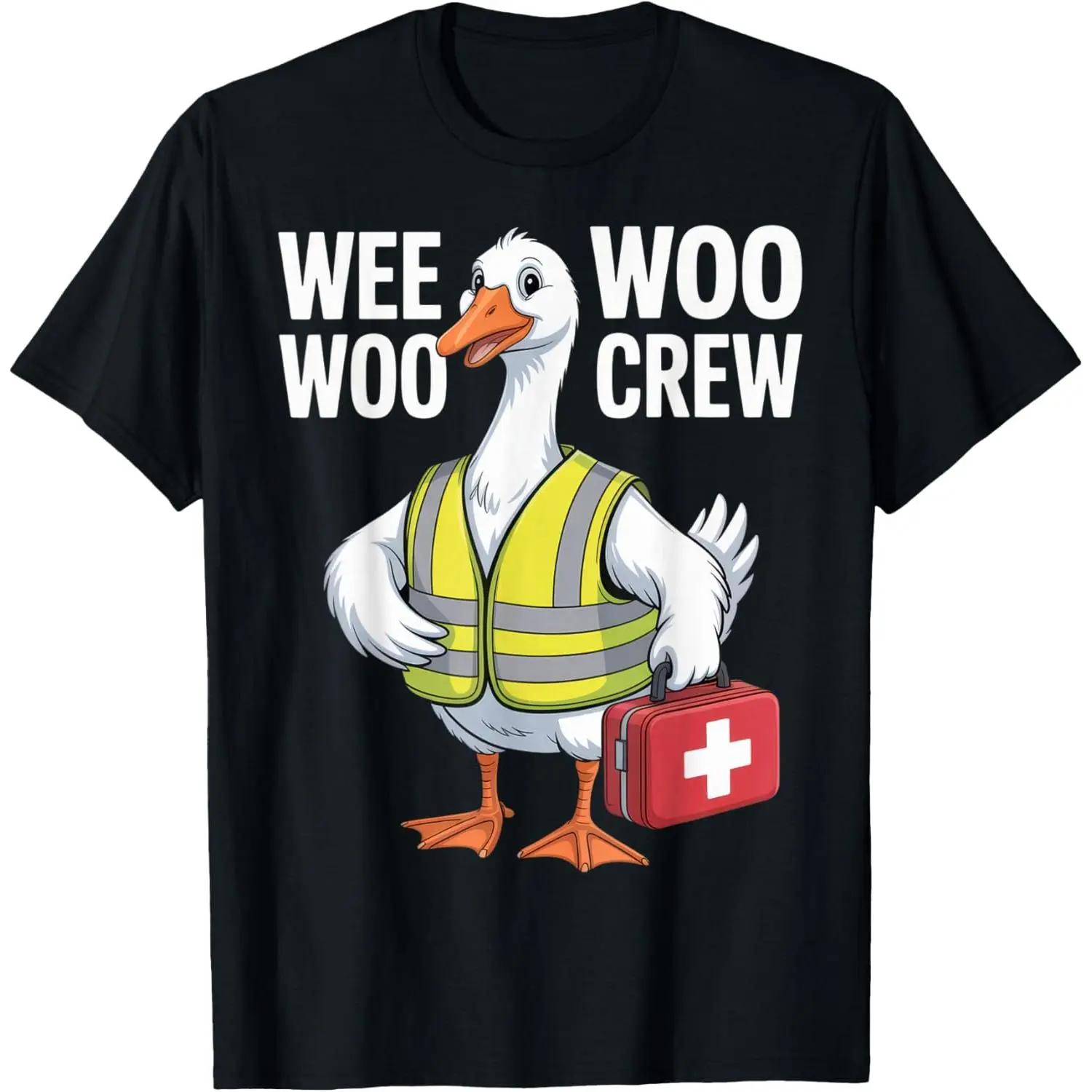 Women's Casual Everyday Playful Duck Design Graphic T-Shirt - Funny "Wee Woo Crew" Distressed Cotton Short Sleeve Round Neck Machine Washable Top, Vintage