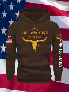 Men's Hooded Country Song Casual Fashion Sweatshirt with Yellowton Ranch Bull Skull Print, Casual Fall & Winter Streetwear, Comfortable and Stylish