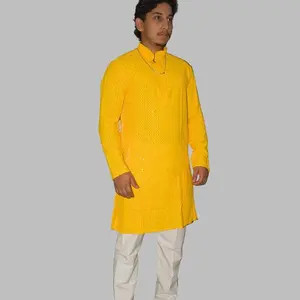 Men's Classic Yellow Chikankari Cotton Kurta Pajama Set with Chikankari-Embroidered Ethnic Wear for Weddings & Festive Occasions