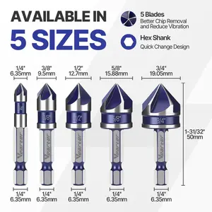 Countersink Drill Bit Set 1/4''(6mm) to 3/4''(19mm), 5PCS HSS 5-Flute Chamfer Bits with 1/4" Hex Shank Quick Change & Clear Storage Case, Woodworking Tools for Metal, Wood, Plastic, Five Flutes