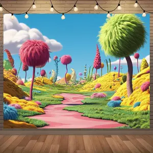 Vibrant Party Banner, Fun Dr Seuss Landscape Design, Trees, Winding Path, Soft Flowers, Indoor Outdoor Decor