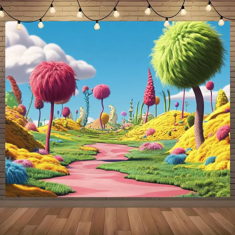 Vibrant Party Banner, Fun Dr Seuss Landscape Design, Trees, Winding Path, Soft Flowers, Indoor Outdoor Decor