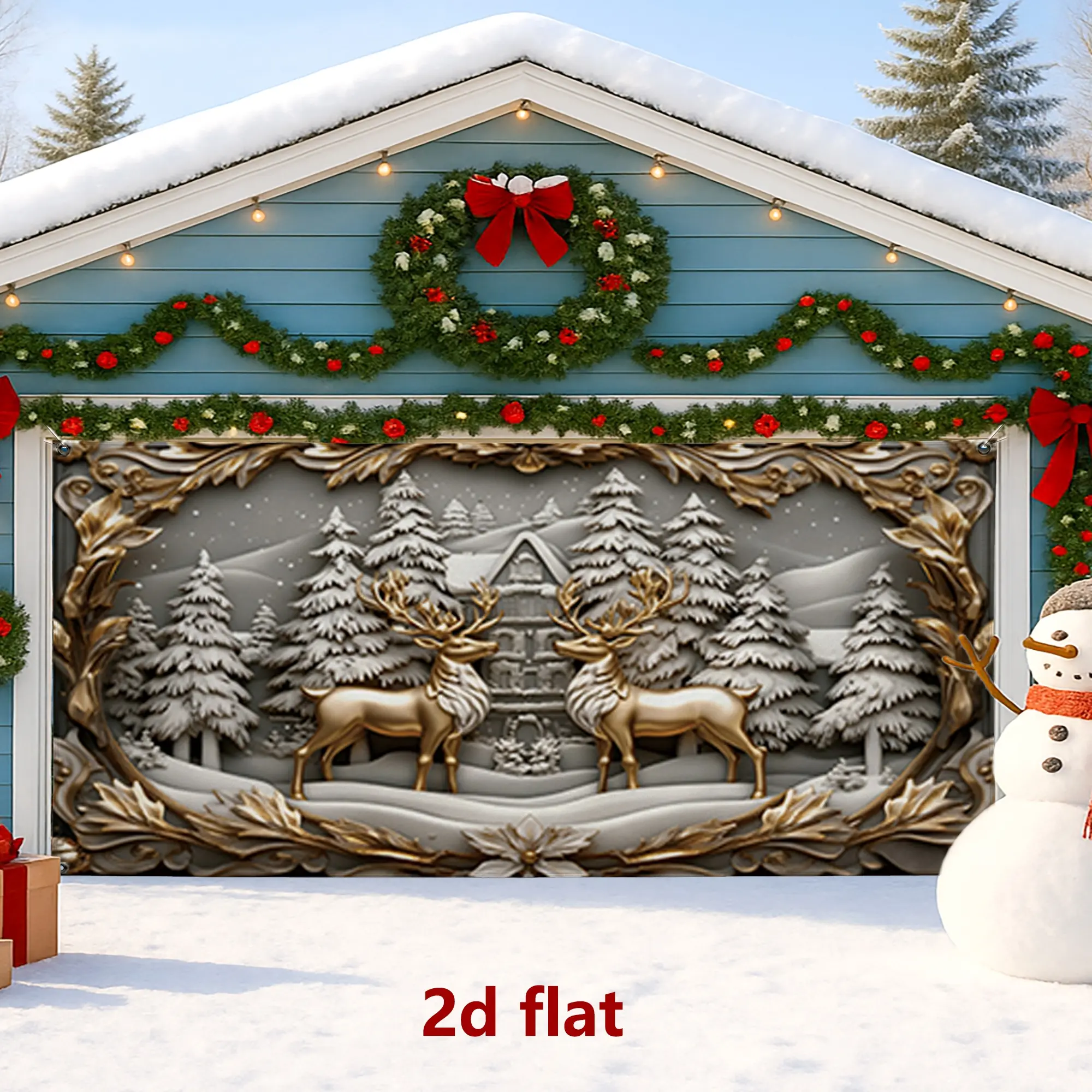 1pc 2d flat Winter Wonderland Garage Door Cover, Elegant Silver and Gold Reindeer Holiday Decorations, Christmas Outdoor and Indoor Decor