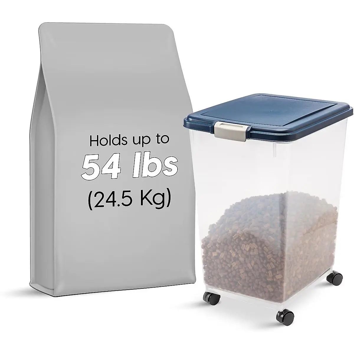 Airtight Dog, Cat, Bird & Small-Pet Food Storage Bin Container with Attachable Casters, Navy, 50-lb Wheeled Airtight Dog Food Container