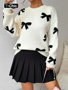Bow Round Neck Knit Sweater for Women, Autumn Winter Loose-Fitting Design, Cute Small-Heart Pattern, Cozy Warm Knitted Tops, Knitwear