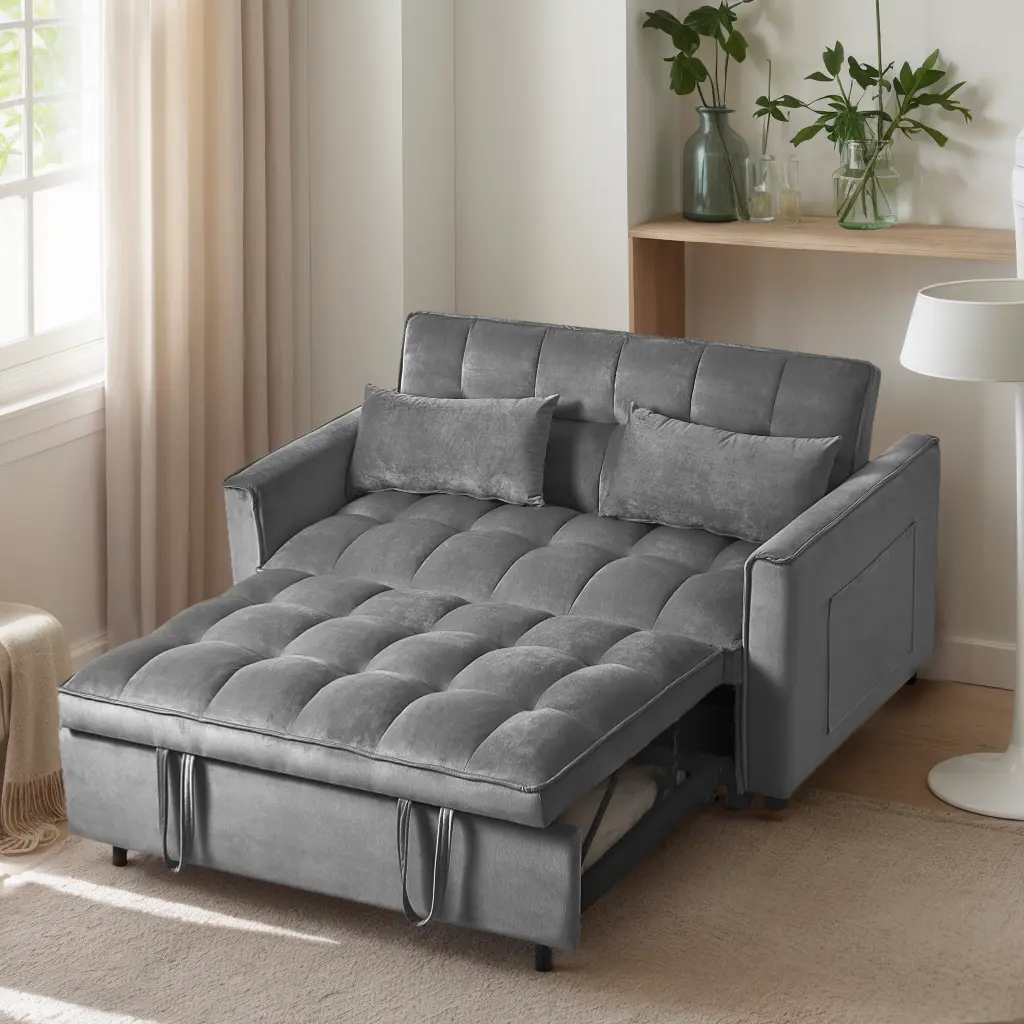 3 in 1 Upholstered Convertible Sleeper Sofa Bed - Modern Pull Out Couch, Adjustable Backrest Velvet Loveseat Futon with Pillows & Pockets for Living Room, Dark Grey, Upholstered Sofas