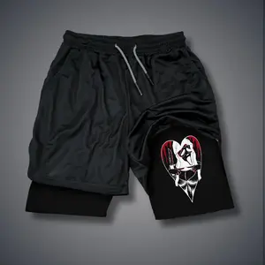 Sexy Clothing 80s 90s Double-Layer Sports Shorts Graphic Shorts Black Camo Streetwear Shorts Men Outfits Men Vacation Outfits Shorts