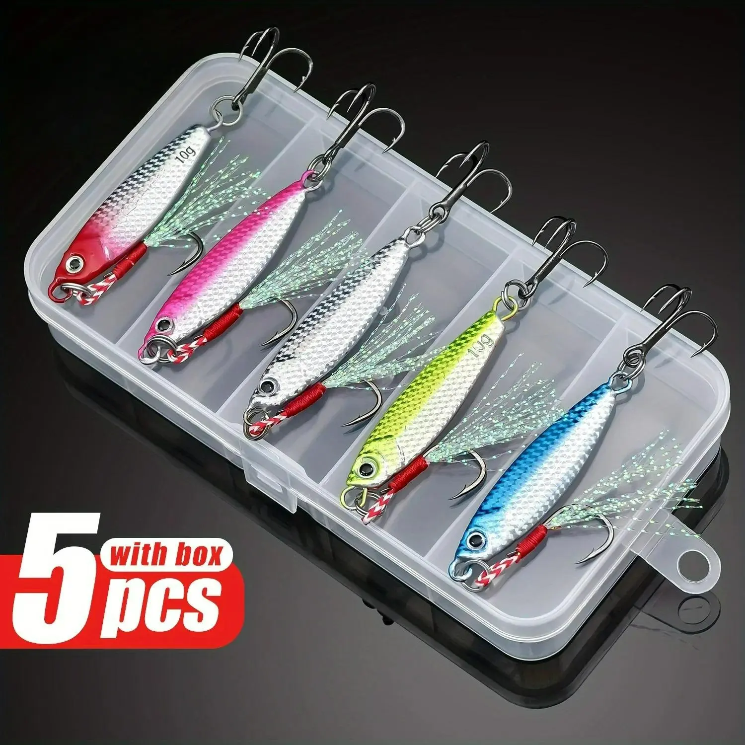 KLYVIONIS 5pcs Multi-Size Metal Jig Lures Set (7/10/15/20/25/30g) - 3D Eyes Fish Attractant Baits, Fishing Gear, Bass Fishing, Freshwater/Saltwater Use, Realistic Swim Action, Secure Hooking, Rod-Compatible