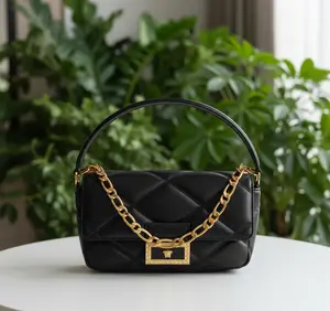 Pre-owned VERSACE Leather Shoulder Bags Black Calfskin Quilted Medusa Chain Shoulder Bag