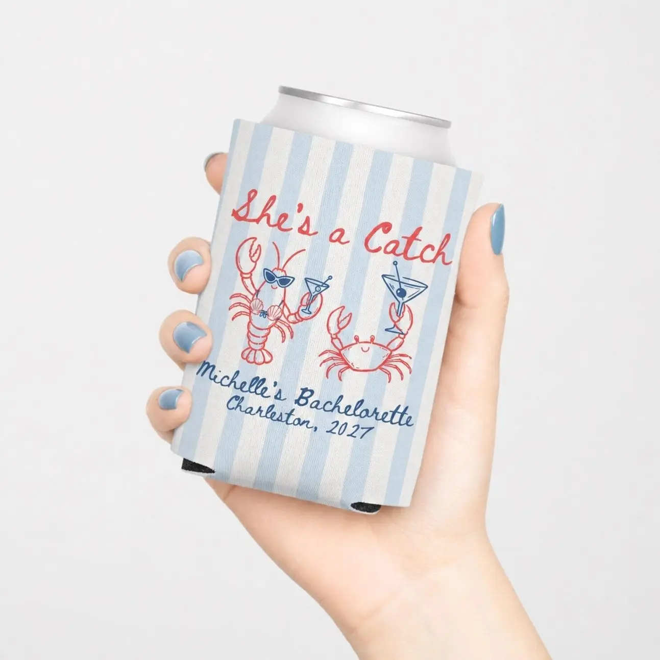 She’s a Catch Coastal Bach Party Favor,Custom Bachelorette Can Cooler,Personalized Lobster Beach Bachelorette Koozie
