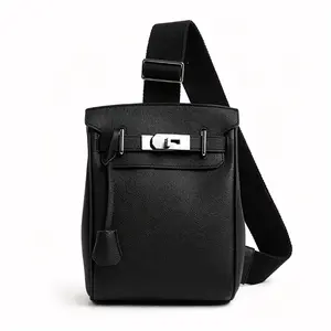 Black Leather Sling Bag for Men & Women, Casual Crossbody Backpack with Silver Lock Detail, Versatile Chest Bag for Travel, Everyday & Streetwear