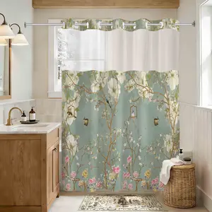 Double Layer Bath Curtain, Shower Curtain, Colorful Floral, Waterproof, No Hook Design, Easy Installation, Rustic Style, Hotel, Dorm, Home Decor