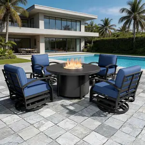 Kullavik 5-Piece Outdoor Patio Furniture Set, 48-Inch 55000 BTU Round Fire Pit Dining Table, 4 Aluminum Swivel Chairs with No-Slip Cushions and Waterproof Covers
