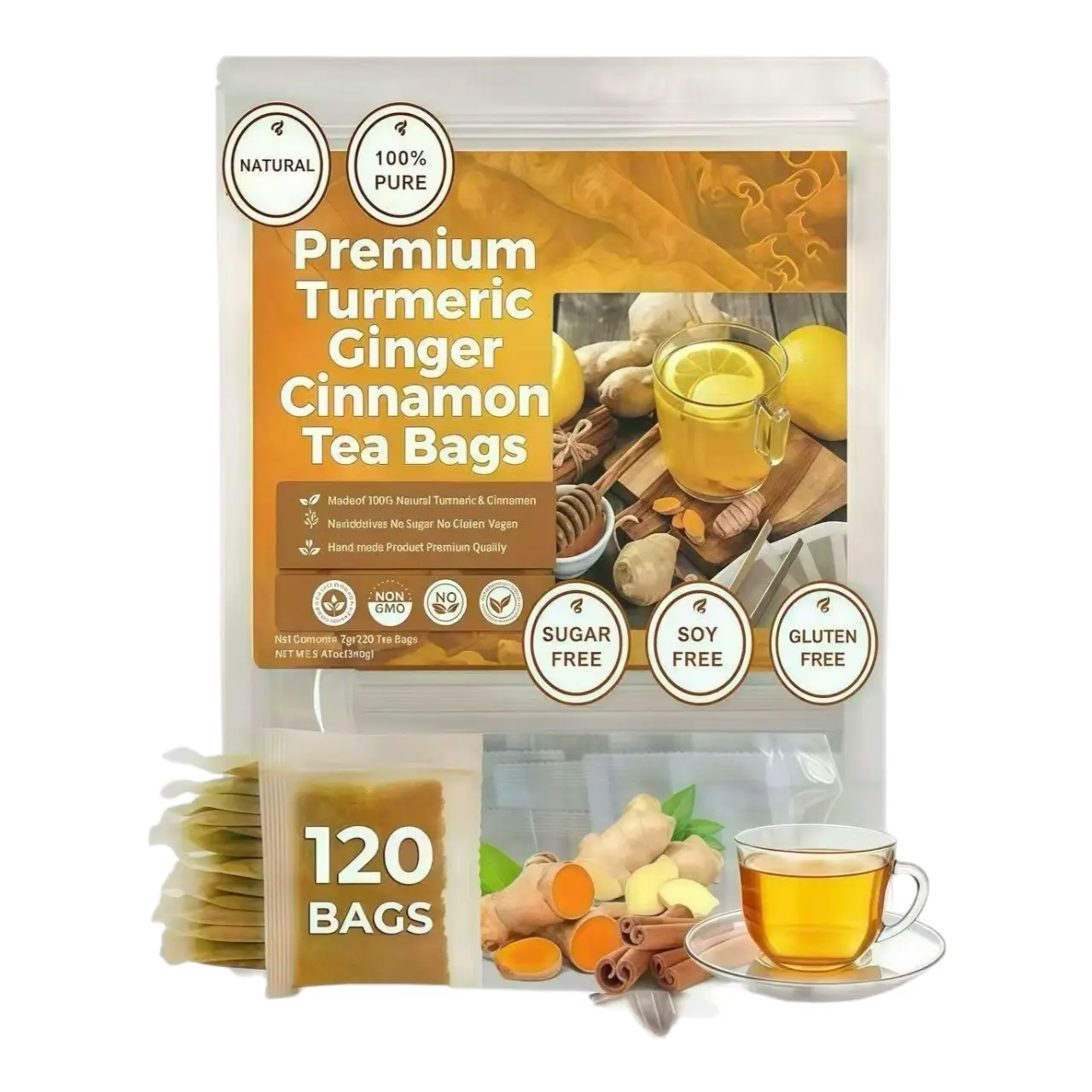 120 Bags Turmeric Ginger Cinnamon Tea, 100%Natural, Anti-Inflammatea. Eco-conscious TeaBags. Turmeric Ginger Herbal Tea. No Sugar, NoCaffeine, No Gluten, Vegan. antinflamma tea,looseleaf tea Beverage anti in flama tea gingercaffeine free