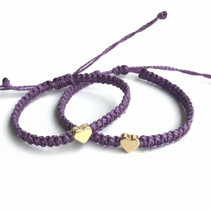 Mom And Me Matching Bracelet Set Purple Macrame Gold Heart Charm Adjustable Mother Daughter Gift
