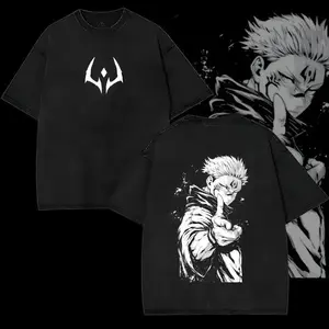 Menswear Round Neck Short-Sleeve Ryomen Sukuna Vintage Washed Oversized Graphic T-Shirt - Jujutsu Kaisen Execution x The Culling Game Anime Tee, Retro Streetwear Casual Unisex Acid Wash Soft Cotton Top, Fan Gift