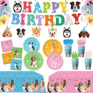 Cute Fun Pet Dog Theme Birthday Party Set with 15-Piece Banner Garland 6-Piece Hanging Spin Decoration & Cake Toppers for Festive Celebration